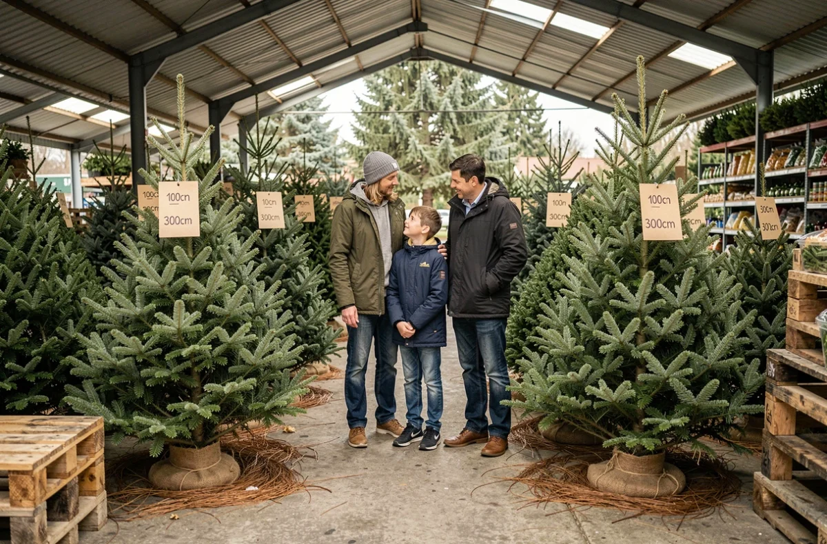 Famille comparant différentes tailles de sapins dans une jardinerie pour choisir le bon format