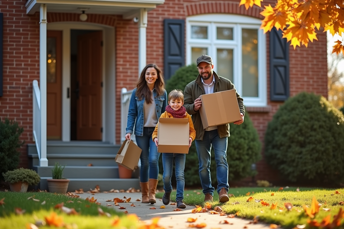 Famille en mouvement avec cartons devant maison automne