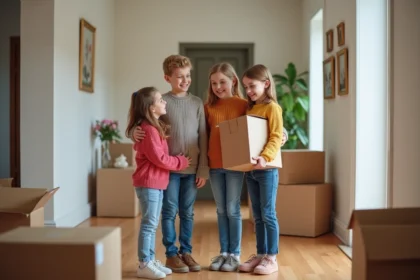 Famille avec enfants déballant des cartons dans un nouveau logement