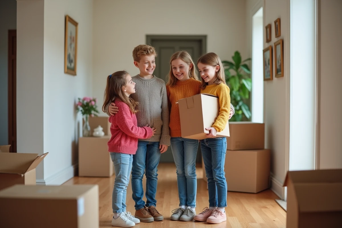 Famille avec enfants déballant des cartons dans un nouveau logement