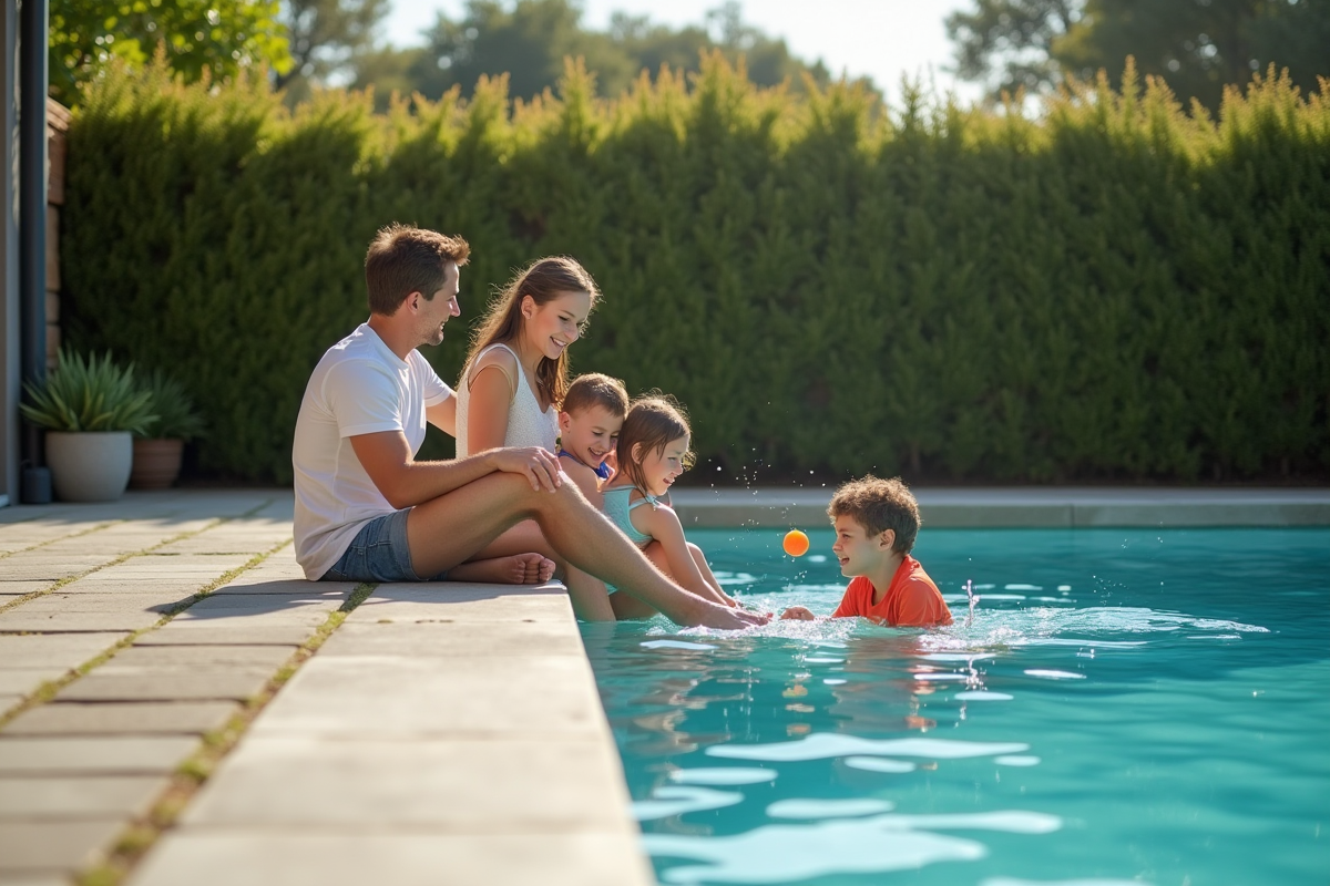 Famille avec enfants jouant dans la piscine extérieure