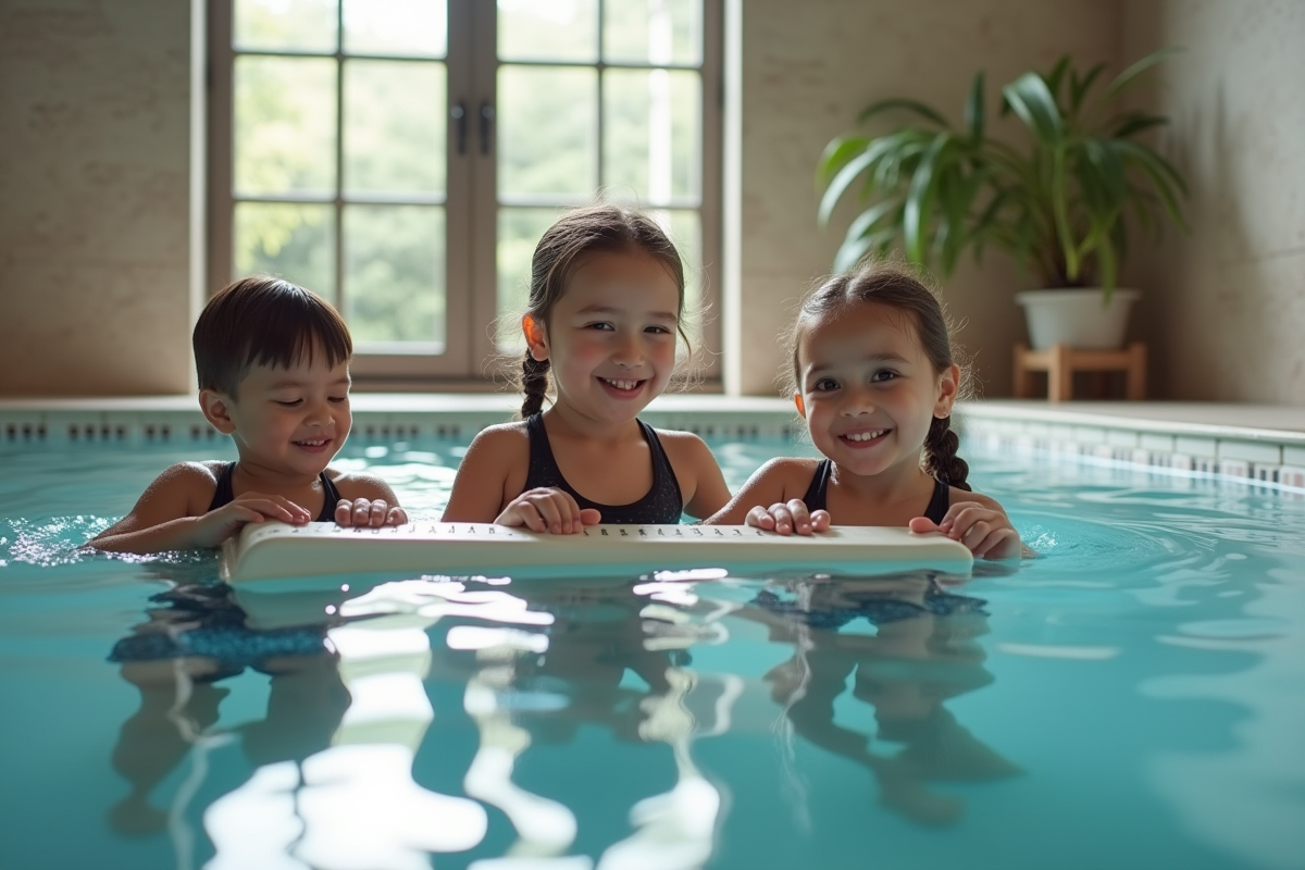 Famille jouant avec une règle flottante dans la piscine intérieure