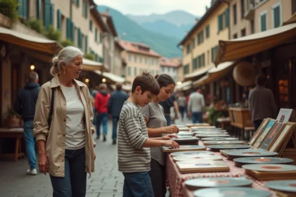 Famille en train de chiner ensemble dans un vide-grenier en plein air à Annecy, avec des stands de livres et disques vinyles
