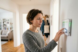 Femme activant un système d'alarme sans fil sur un panneau tactile mural dans un couloir d'entrée de maison