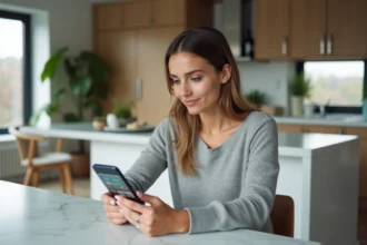 Femme utilisant l'application mobile lamaison360 sur smartphone pour consulter les prix et abonnements disponibles