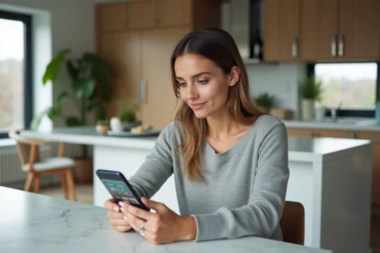 Femme utilisant l'application mobile lamaison360 sur smartphone pour consulter les prix et abonnements disponibles