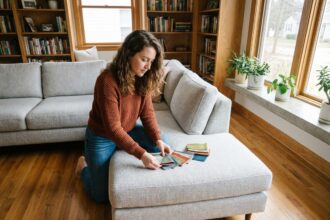 Jeune femme arrangeant des tissus dans un salon lumineux