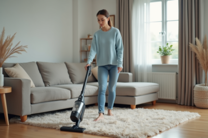 Femme utilisant un aspirateur moderne dans un salon organisé
