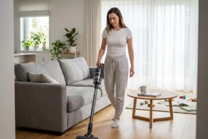 Femme utilisant un aspirateur sans fil sur parquet dans un salon moderne et lumineux