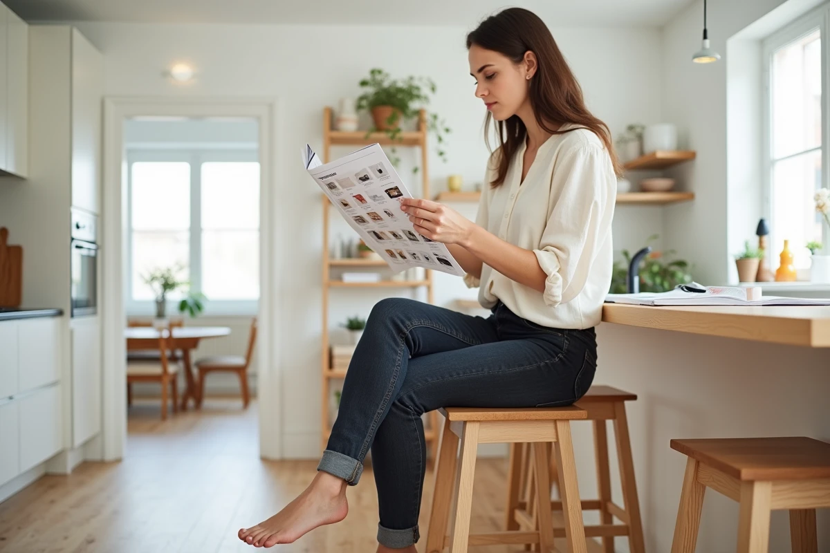Jeune femme assise sur un tabouret de bar en bois avec dossier examinant un catalogue pour choisir des chaises hautes