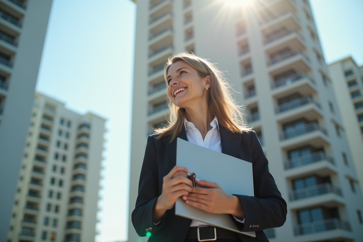 Femme souriante tenant des clés devant un immeuble en ville en journée