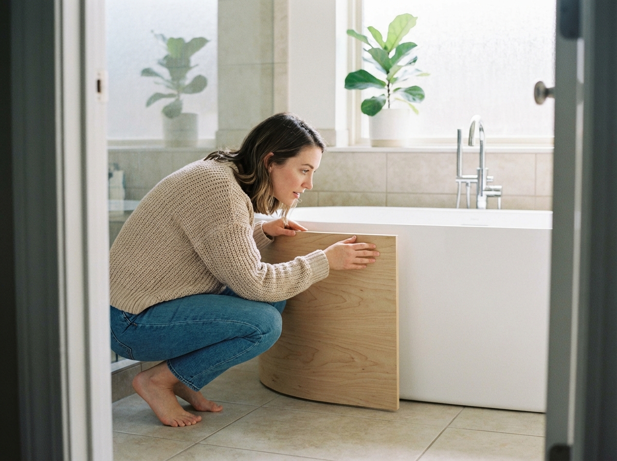 Femme examinant un panneau en bois près d'une baignoire moderne