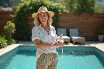 Femme avec traitement biodégradable près de la piscine