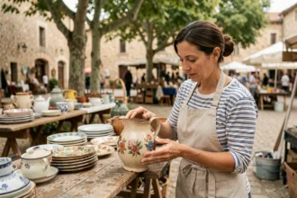 Femme inspectant un pichet en céramique vintage sur un marché aux puces de l'Ain, idéal pour revente ou upcycling