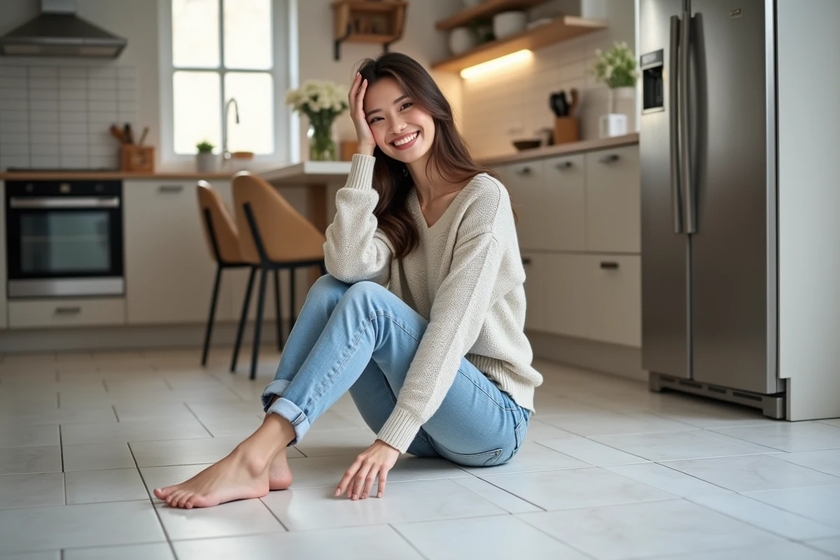 Jeune femme souriante sur un sol carrelé dans une cuisine moderne