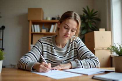 Jeune femme remplissant un formulaire de changement d'adresse à la maison