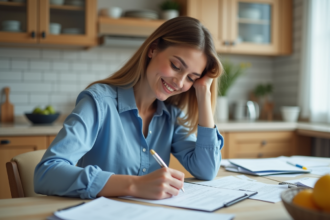 Jeune femme remplissant un formulaire de changement d'adresse dans la cuisine