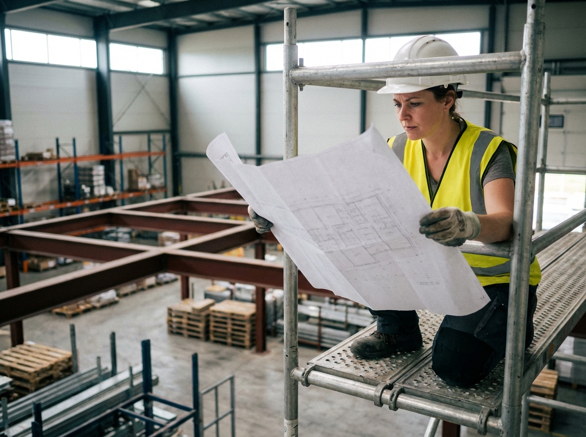 Jeune femme avec casque et plan dans un entrepôt industriel