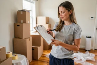Femme tenant une checklist de déménagement dans un appartement rempli de cartons emballés