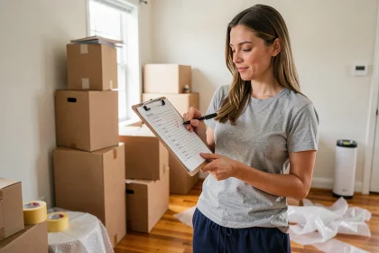 Femme tenant une checklist de déménagement dans un appartement rempli de cartons emballés