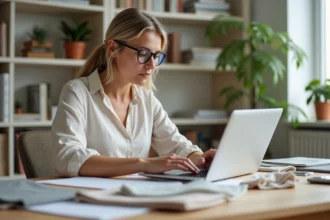 Femme consultant un site de devis décoration en ligne à son bureau avec des échantillons de tissus et couleurs