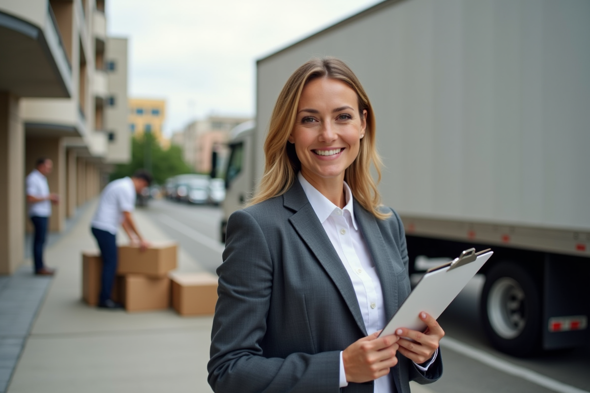 Femme coordinatrice de demenagement discutant à l