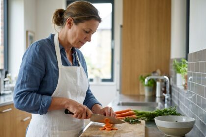 Femme en cuisine coupant des carottes avec précision