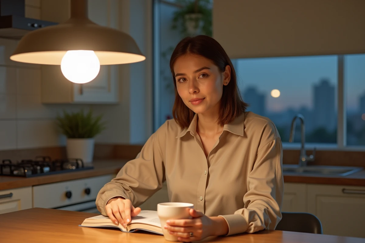 Jeune femme à la cuisine sous une lampe LED chaude