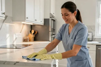 Femme de ménage en uniforme bleu nettoyant un plan de travail dans une cuisine moderne en appartement français