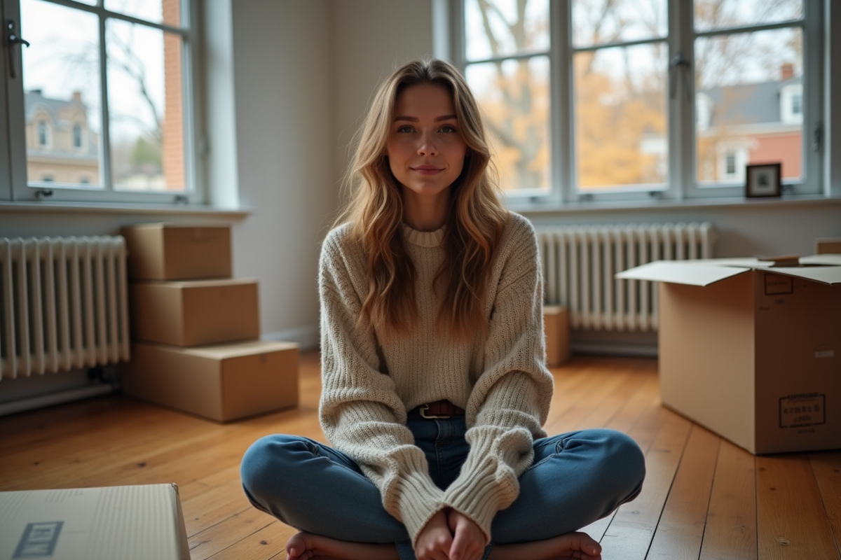 Femme assise sur sol en déménagement dans appartement