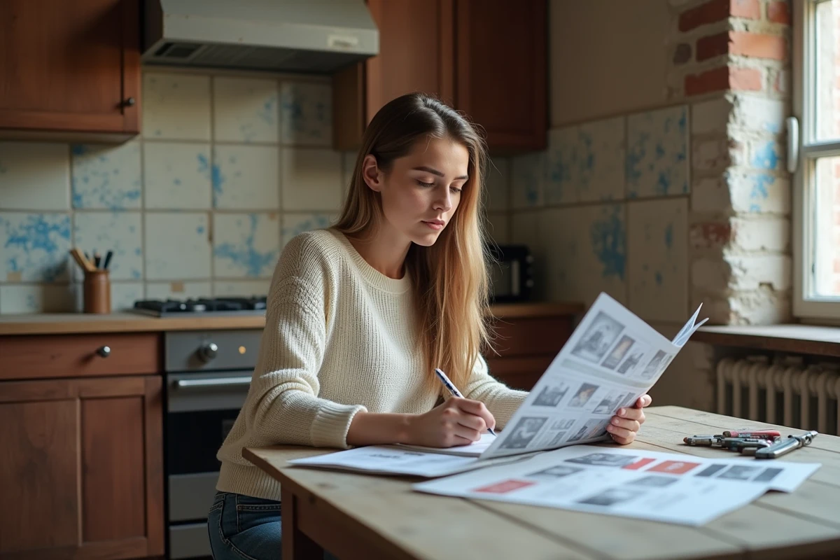 Jeune femme note à une table dans une cuisine ancienne