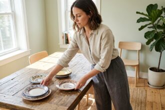 Femme arrangeant des assiettes en céramique colorées dans une salle à manger scandinave