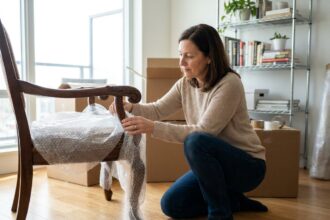 Femme emballant une chaise en bois dans un appartement moderne