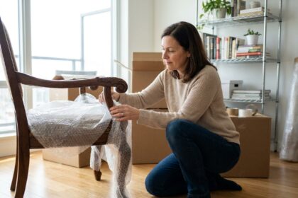 Femme emballant une chaise en bois dans un appartement moderne