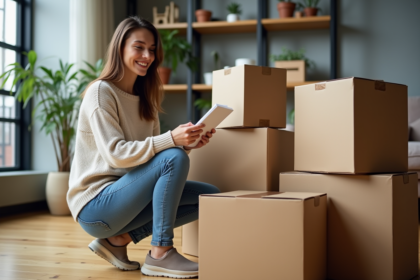 Jeune femme emballant des cartons dans un appartement