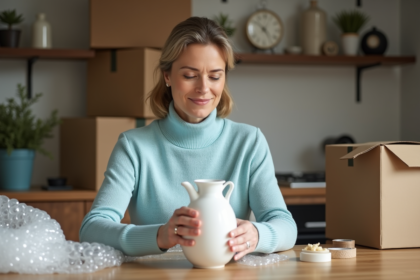 Femme emballant une porcelaine fragile avec du papier bulle