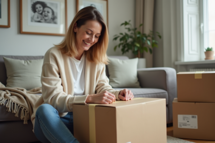 Femme souriante emballant une boxe de déménagement dans son salon