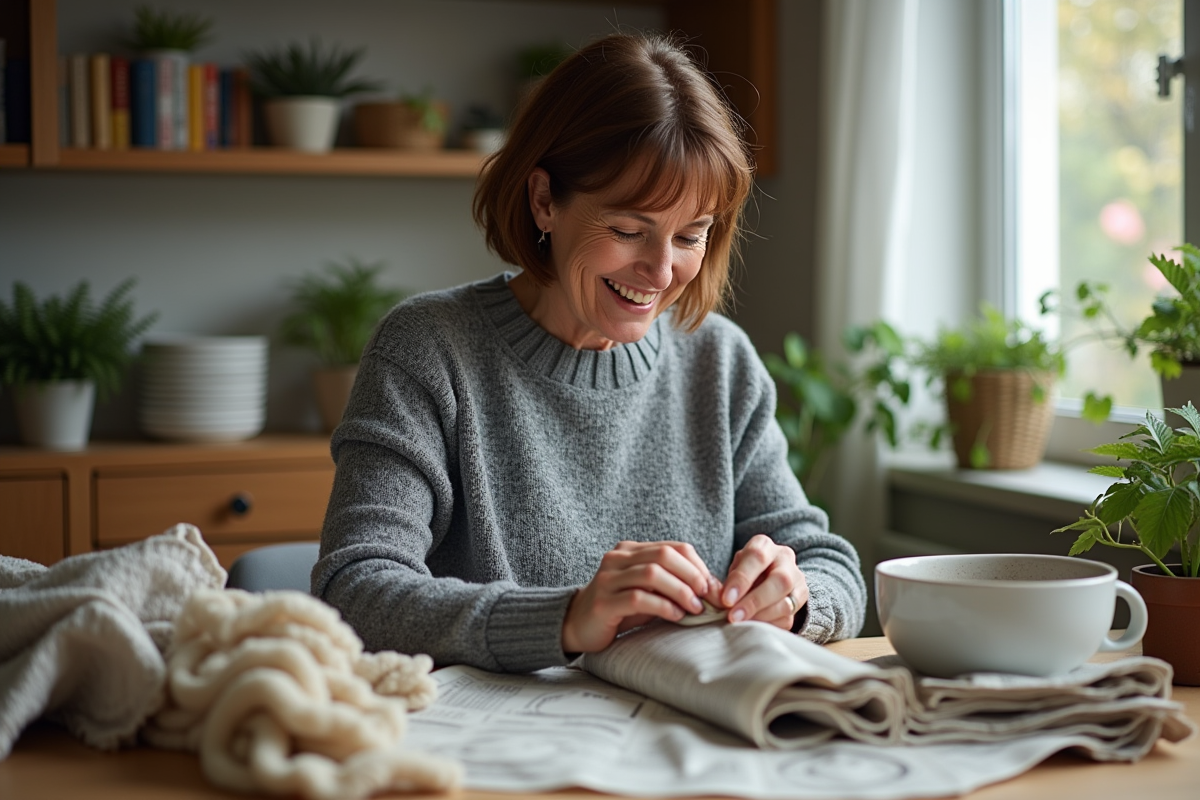 Femme emballant de la vaisselle fragile avec journaux
