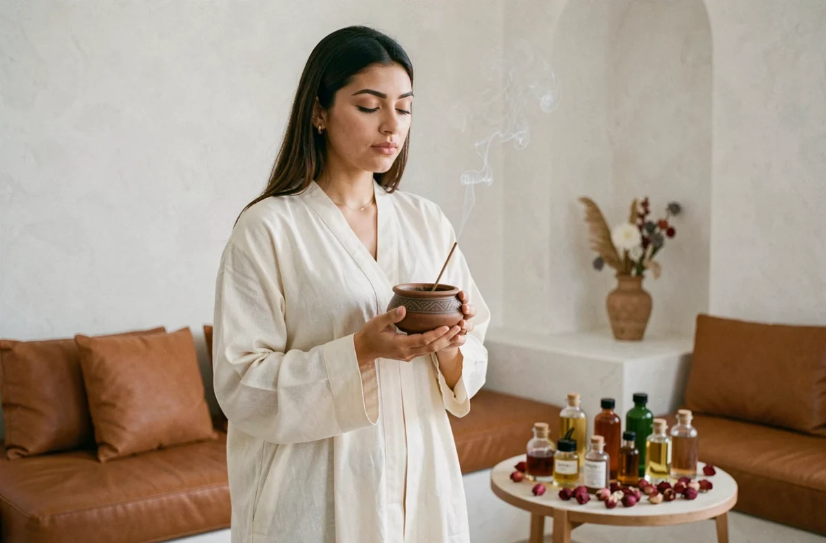 Femme arabe tenant un brûleur d'encens céramique dans un salon décoré de style oriental avec huiles de parfum