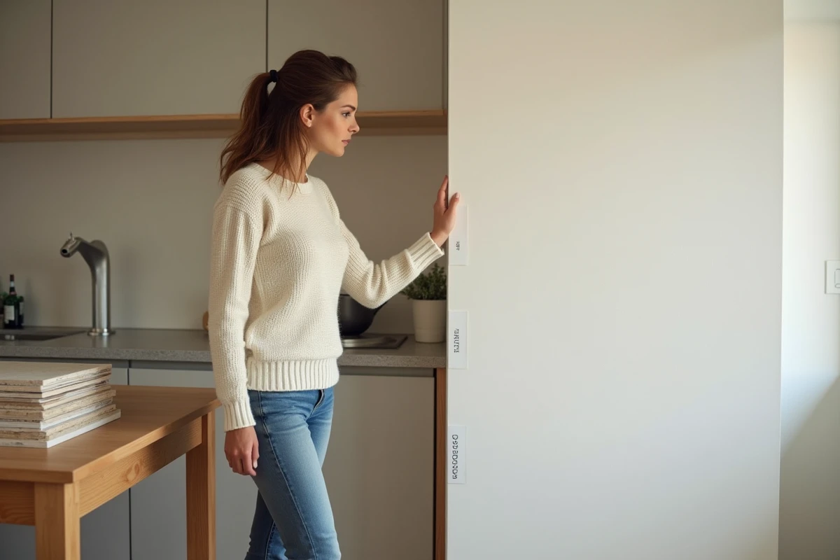 Jeune femme touchant un mur en placo avec échantillons d