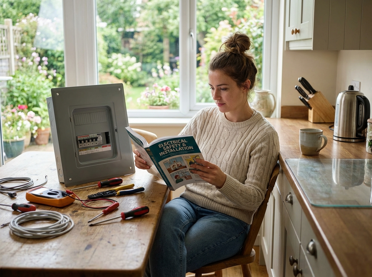 Femme lisant un guide sur les installations électriques