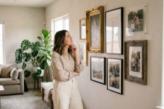 Femme stylée examine une galerie murale dans un salon moderne