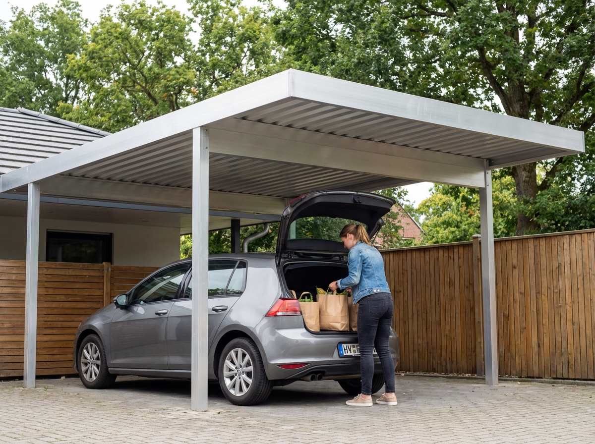 Femme déchargeant des courses sous un carport en aluminium dans un environnement résidentiel