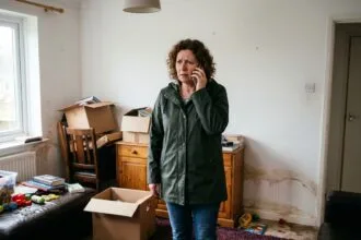 Femme inquiète au téléphone dans un salon inondé