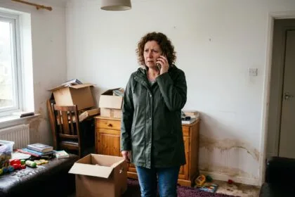 Femme inquiète au téléphone dans un salon inondé