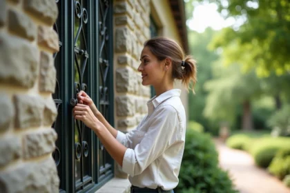 Femme posant des grilles en fer forgé sur une maison ancienne