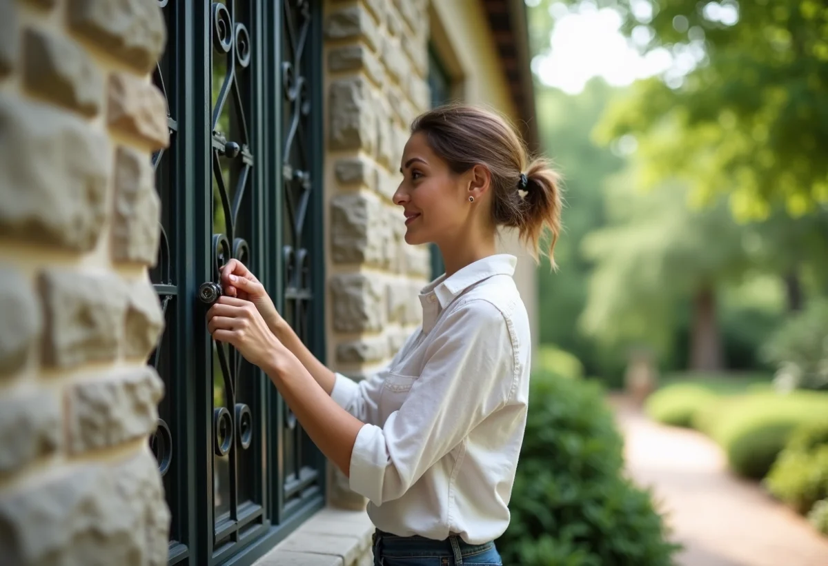 Femme posant des grilles en fer forgé sur une maison ancienne