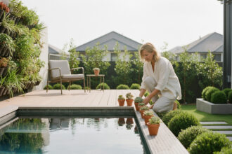 Femme en linen près d'une piscine à débordement