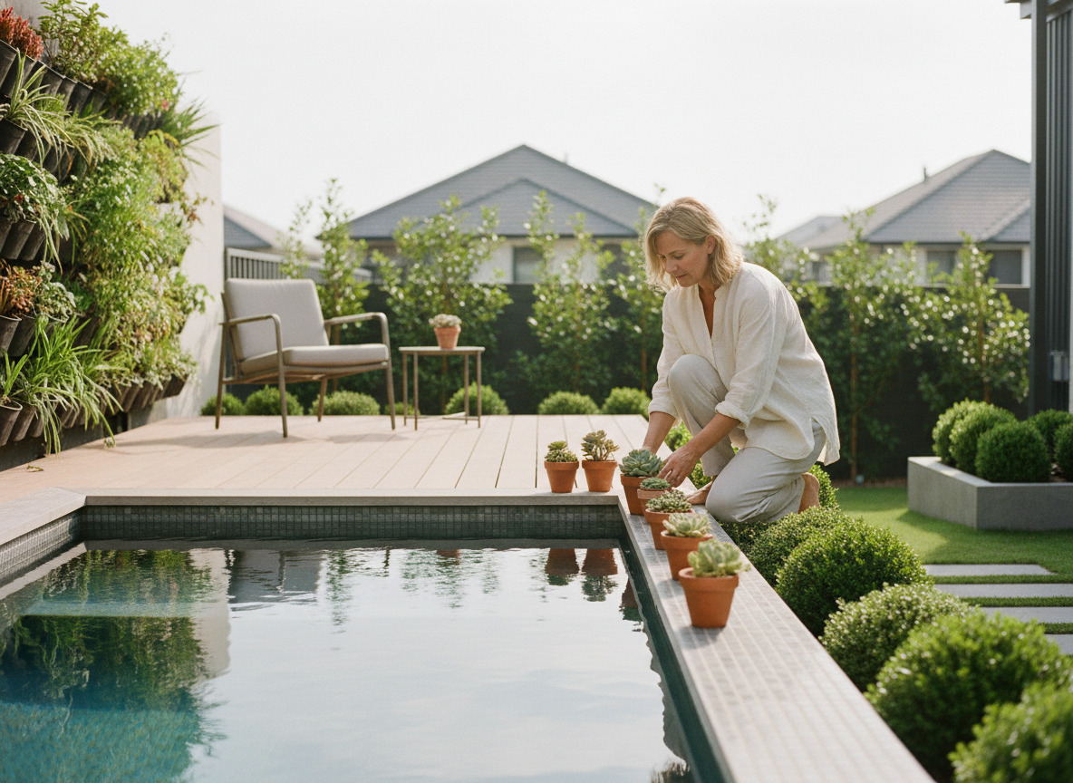Femme en linen près d'une piscine à débordement