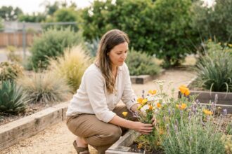 Femme arrangeant des fleurs sauvages dans un jardin serein